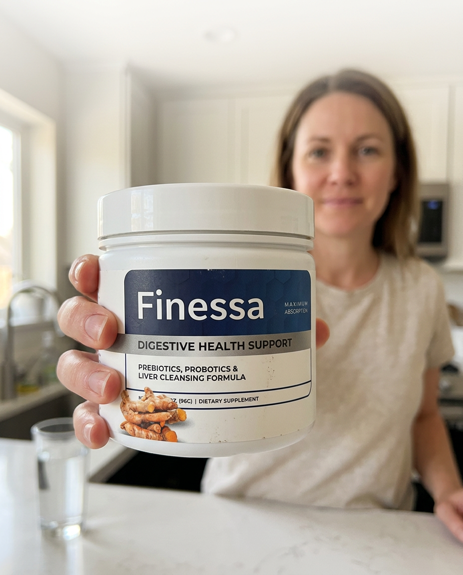 Amalia Garcia holding a Finessa digestive health support container